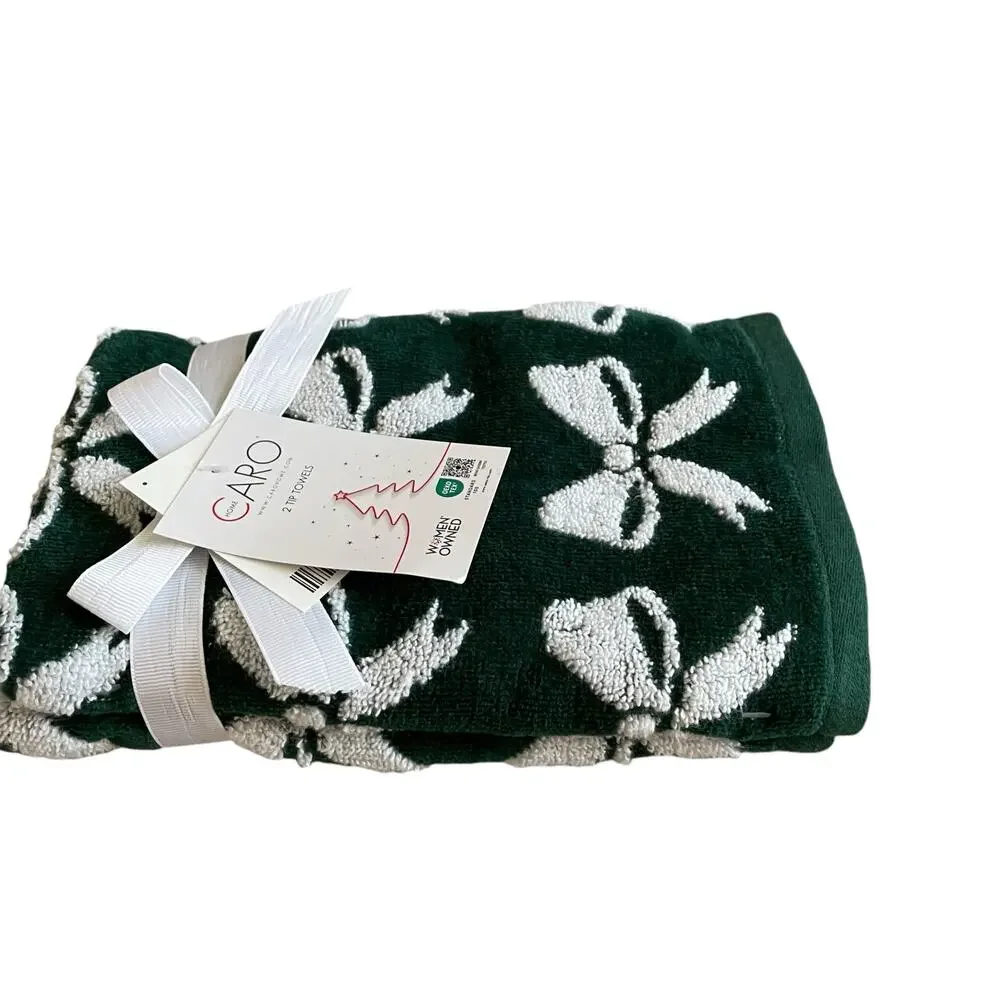 Caro Home Christmas Bow Tip Towels Set of 2 Green & White Holiday Glam New